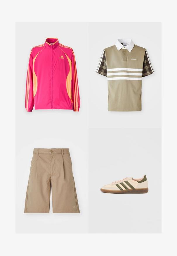 Veste de survêtement Adidas rose vif avec panneaux latéraux pêche, rayures pêche sur les manches, poignets élastiques et fermeture zippée à l'avant.; Polo en vert olive avec des rayures blanches et un motif à carreaux sur les manches courtes. Il présente un col blanc et un logo sur la poitrine.; Shorts en coton beige avec une coupe droite, des plis à l'avant et une fermeture à un seul bouton. Présente un logo discret sur le côté inférieur gauche.; Baskets beige discrètes Adidas Spezial avec des bandes vertes, une semelle en caoutchouc et le logo "SPEZIAL" sur le côté, vues de l'extérieur.