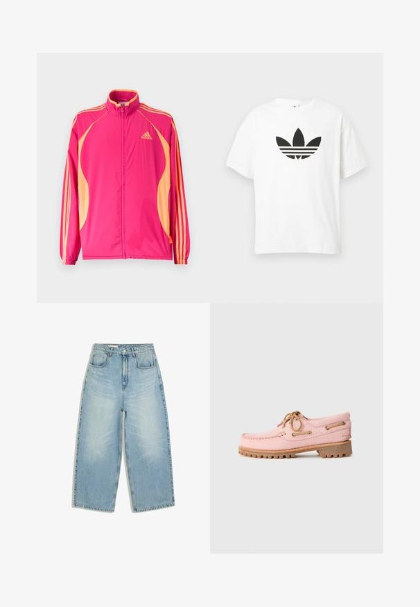 Heldere roze Adidas trainingsjack met perzikkleurige zijpanelen, perzikkleurige strepen op de mouwen, elastische manchetten en een ritssluiting aan de voorkant.; Witte katoenen t-shirt met een groot zwart Adidas trefoil-logo en drie horizontale strepen eronder. Korte mouwen, ronde hals.; Lichtblauwe denim jeans met hoge taille, wijde pijpen, voorzakken, riemlussen en een knoop-ritssluiting.; Roze leren bootshoe met tan kleurige veters, metalen oogjes en een dikke bruine rubberen zool, zijwaarts weergegeven op een witte achtergrond.
