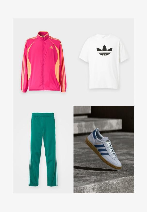Heldere roze Adidas trainingsjack met perzikkleurige zijpanelen, perzikkleurige strepen op de mouwen, elastische manchetten en een ritssluiting aan de voorkant.; Witte katoenen t-shirt met een groot zwart Adidas trefoil-logo en drie horizontale strepen eronder. Korte mouwen, ronde hals.; Groene trainingsbroek met een gladde textuur, voorzien van een witte zijstreep en een elastische tailleband. Rechtonder ontwerp.; Lichtblauwe Adidas Spezial sneaker met marineblauwe strepen en rubberen zool, getoond in de lucht boven betonnen trappen in een neutrale buitenomgeving.
