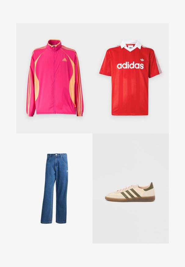 Chaqueta deportiva Adidas de color rosa brillante con paneles laterales melocotón, rayas melocotón en las mangas, puños elásticos y cierre frontal con cremallera.; Camiseta deportiva roja de Adidas con cuello blanco, tres rayas blancas en las mangas y el logo de Adidas centrado en el pecho.; Vaqueros de mezclilla anchos de talle alto en azul, con bolsillos frontales, presillas para cinturón, cierre de botón y pequeño logo de Adidas en el muslo derecho.; Zapatilla Adidas Spezial beige de perfil bajo con rayas verdes, suela de goma y la marca "SPEZIAL" en el lateral, vista desde el lado exterior.
