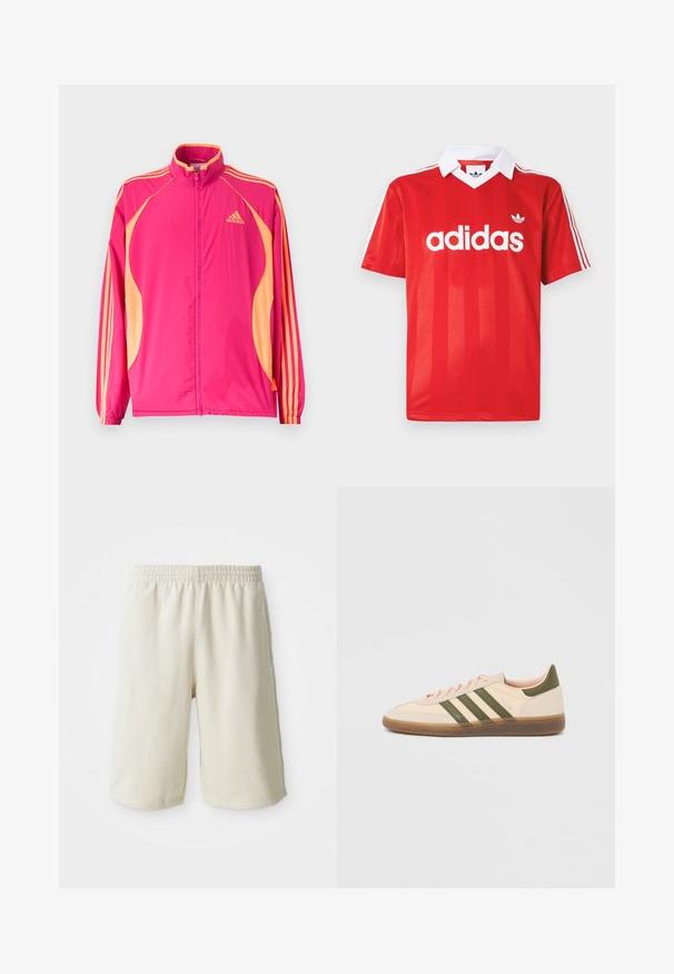 Chaqueta deportiva Adidas de color rosa brillante con paneles laterales melocotón, rayas melocotón en las mangas, puños elásticos y cierre frontal con cremallera.; Camiseta deportiva roja de Adidas con cuello blanco, tres rayas blancas en las mangas y el logo de Adidas centrado en el pecho.; Pantalones cortos deportivos de color beige claro con una cintura elástica, textura suave y un sutil detalle del logo en la parte inferior izquierda. Sin bolsillos.; Zapatilla Adidas Spezial beige de perfil bajo con rayas verdes, suela de goma y la marca "SPEZIAL" en el lateral, vista desde el lado exterior.