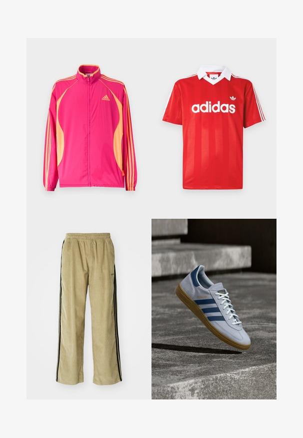 Chaqueta deportiva Adidas de color rosa brillante con paneles laterales melocotón, rayas melocotón en las mangas, puños elásticos y cierre frontal con cremallera.; Camiseta deportiva roja de Adidas con cuello blanco, tres rayas blancas en las mangas y el logo de Adidas centrado en el pecho.; Pantalones de pana beige con cintura elástica, con franjas laterales negras. La tela tiene una textura acanalada y es ligeramente acampanada en el fondo.; Zapatilla Adidas Spezial azul claro con rayas azul marino y suela de goma, mostrada en el aire sobre escalones de hormigón en un entorno exterior neutral.