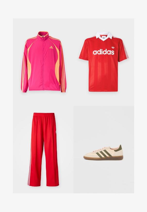 Lyserød Adidas træningsjakke med ferskenfarvede sidepaneler, ferskenfarvede striber på ærmerne, elastiske manchetter og lynlås foran.; Rød Adidas sportstrøje med hvid krave, tre hvide striber på ærmerne og Adidas-logo centreret på brystet.; Røde træningsbukser lavet af letvægtigt stof, med en elastisk talje, to hvide sidestreger og et lille logo på hoften.; Beige Adidas Spezial sneaker med lav profil, grønne striber, gummisål og "SPEZIAL"-branding på siden, vist fra ydersiden.