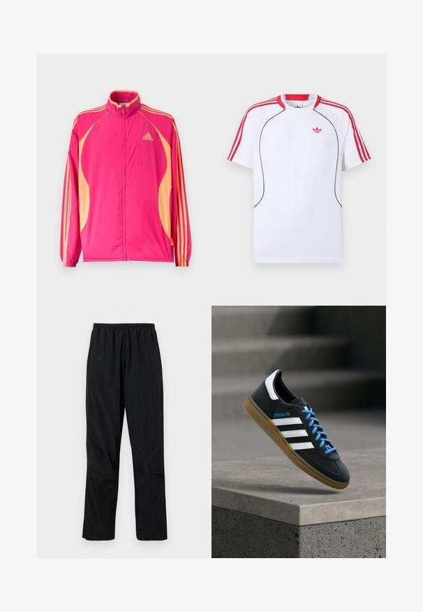 Heldere roze Adidas trainingsjack met perzikkleurige zijpanelen, perzikkleurige strepen op de mouwen, elastische manchetten en een ritssluiting aan de voorkant.; Wit sportshirt met korte mouwen, rode strepen op de schouders en mouwen, zwarte biezen aan de voorkant en een rood Adidas trefoil-logo op de borst.; Zwarte nylont broek met een elastische tailleband, voorzien van een lichte, gestructureerde afwerking en naadaccenten voor een modern ontwerp.; Zwarte Adidas-sneaker met witte strepen, blauwe veters en een gumzool die boven een grijze betonnen trede zweeft in zacht licht.