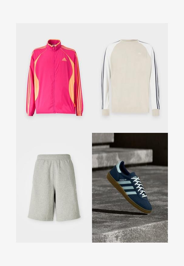 Žiarivo ružová tréningová bunda Adidas s broskyňovými bočnými panelmi, broskyňovými pruhmi na rukávoch, elastickými manžetami a predným zipsom.; Béžová košeľa s dlhým rukávom s bielymi raglánovými rukávmi a námorníckymi pásikmi po stranách. Na hrudi je malá biela logo.; Sivé bavlnené šortky s elastickým pásom, dĺžku po kolená a diskrétne logo na boku. Mäkká textúra s pohodlným, športovým strihom.; Modré tenisky Adidas Spezial s bielymi pruhmi a šnúrkami, gumovou podrážkou, plávajúce nad drsným betónovým povrchom a schodmi v pozadí.