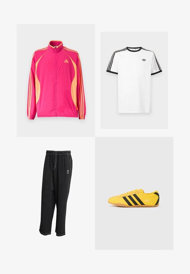 Heledast roosa Adidas jope vaarikavärviliste külgpaneelide, vaarikavärvi triipude varrukatel, elastsete mansettide ja ees tõmbeluku sulgumisega.; Valge puuvillane T-särk mustade ribadega kaelas ja varrukates, millel on iga õla peal kolm musta triipu ning rindkeres väike logo.; Mustrilineeritud mustad püksid elastse vöökohaga, küljetaskute ja väikese logotagiga ees. Kerge kangas sileda tekstuuriga.; Kollane sportlik jalanõu tekstuurse pealiskihiga, millel on mustad triibud ja logo. Ümar nina, pehme tallaosa ning materjalil siksakmuster.