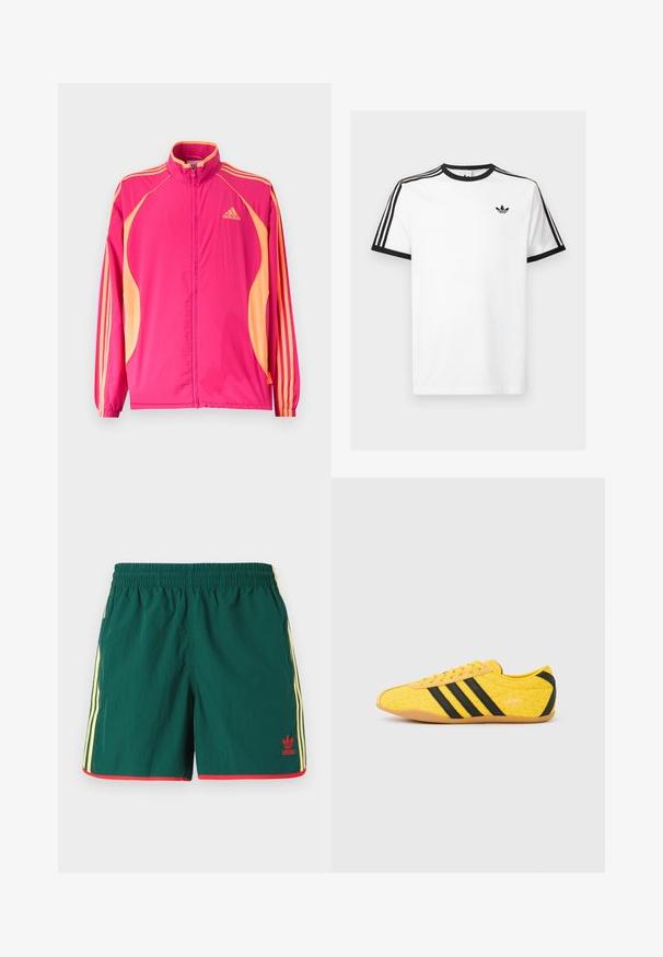 Žiarivo ružová tréningová bunda Adidas s broskyňovými bočnými panelmi, broskyňovými pruhmi na rukávoch, elastickými manžetami a predným zipsom.; Biela bavlnená tričko s čiernym žebrovaným výstrihom a rukávmi, s tromi čiernymi pruhmi na každom pleci a malým logom na hrudi.; Zelené športové šortky s ľahkou textúrou, s žltými bočnými pruhmi a červenými akcentmi na okraji, s malým červeným logom.; Žltá športová obuv s textúrovaným zvrškom, s čiernymi pruhmi a logom. Zaoblená špička, mäkká podrážka a vzor v tvare cik-cak na materiáli.