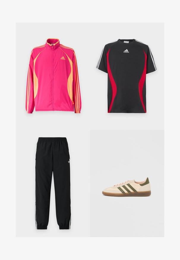 Veste de survêtement Adidas rose vif avec panneaux latéraux pêche, rayures pêche sur les manches, poignets élastiques et fermeture zippée à l'avant.; T-shirt noir à manches courtes avec accents rouges sur les côtés, logo Adidas blanc sur la poitrine et bandes blanches sur les épaules. Confectionné dans un tissu lisse.; Pantalon de sport noir avec une ceinture élastique et des poignets froncés. Comprend des bandes blanches sur les côtés et un petit logo sur le devant à gauche.; Baskets beige discrètes Adidas Spezial avec des bandes vertes, une semelle en caoutchouc et le logo "SPEZIAL" sur le côté, vues de l'extérieur.