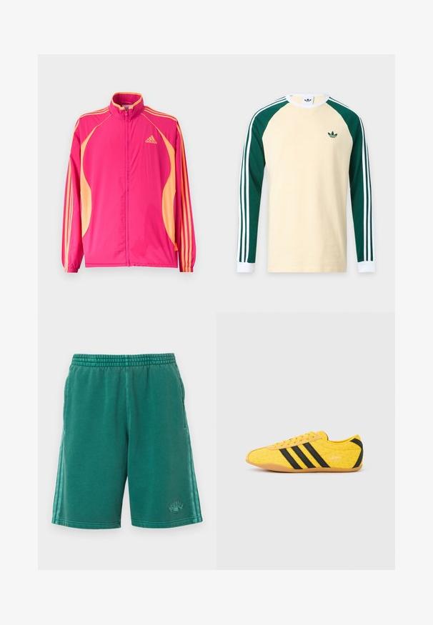 Φωτεινό ροζ αθλητικό μπουφάν Adidas με ροδακινί πλαϊνές λωρίδες, ροδακινί ρίγες στα μανίκια, ελαστικά μανσέτα και φερμουάρ στο μπροστινό μέρος.; Μπεζ πουκάμισο με μακριά μανίκια με σκούρα πράσινα raglan μανίκια, λευκά μανσέτες, λευκές ρίγες στα μανίκια και μικρό πράσινο λογότυπο Adidas στο στήθος.; Πράσινο βαμβακερό σορτς με ελαστική μέση, πλαϊνές τσέπες και υφασμάτινες λεπτομέρειες. Διαθέτει διακριτικό λογότυπο κατά μήκος του ποδιού.; Κίτρινο αθλητικό παπούτσι με υφή στο επάνω μέρος, με μαύρες ρίγες και λογότυπο. Στρογγυλεμένη μύτη, μαλακή σόλα και ζιγκ-ζαγκ σχέδιο στο υλικό.
