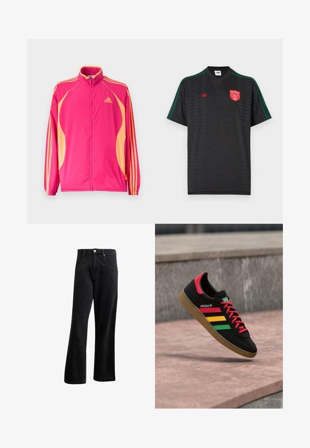 Lyserød Adidas træningsjakke med ferskenfarvede sidepaneler, ferskenfarvede striber på ærmerne, elastiske manchetter og lynlås foran.; Sort Adidas sportstrøje med mørkt blomsterprint, grønne skulderstriber, rød trefoil-logo og rød "All-Stars 1994"-patch på brystet.; Sorte denim jeans med straight-leg design, der har frontlommer, en knaplukning og en let tekstur. Inkluderer en diskret logo detalje.; Sort Adidas Spezial-sneaker med røde, gule og grønne striber, røde snørebånd, gummisål og rødt hældetalje, vist svævende over fortovet.