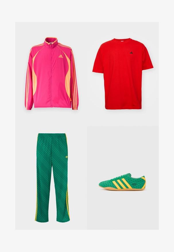 Φωτεινό ροζ αθλητικό μπουφάν Adidas με ροδακινί πλαϊνές λωρίδες, ροδακινί ρίγες στα μανίκια, ελαστικά μανσέτα και φερμουάρ στο μπροστινό μέρος.; Κόκκινο βαμβακερό μπλουζάκι με κοντά μανίκια και στρογγυλή λαιμόκοψη. Διαθέτει ένα μικρό μαύρο λογότυπο στην αριστερή πλευρά του στήθους και ίσια πορεία.; Πράσινο αθλητικό παντελόνι με σχέδιο φύλλων, ελαστική μέση, κίτρινες πλαϊνές ρίγες, άνετη γραμμή.; Πράσινα υφασμάτινα αθλητικά παπούτσια με κίτρινες λεπτομέρειες και τρεις ρίγες, με ζιγκ ζαγκ μοτίβο και σόλα από καουτσούκ χρώματος τσίχλας.