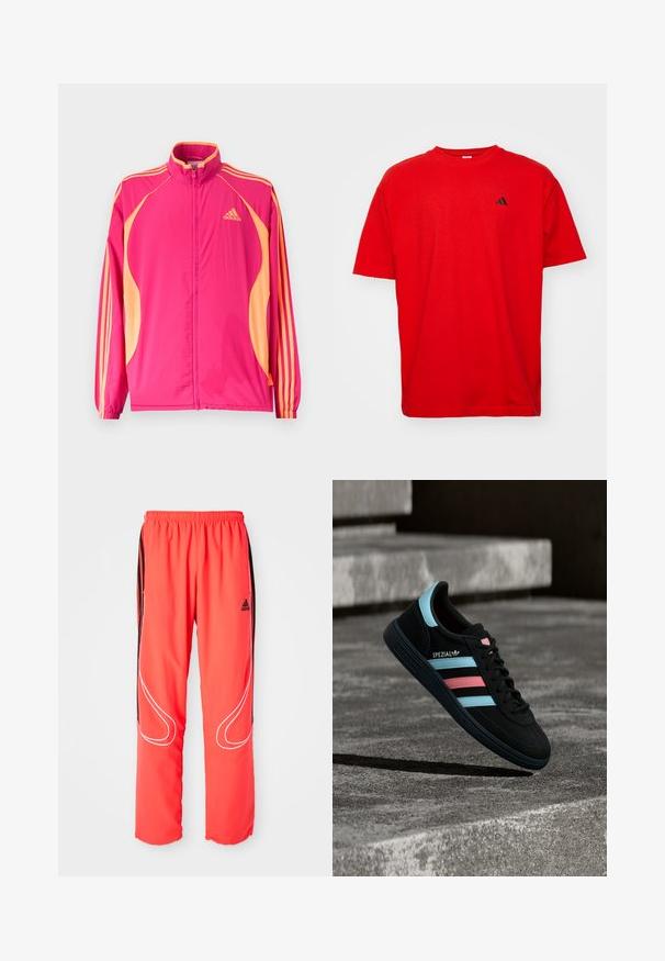 Φωτεινό ροζ αθλητικό μπουφάν Adidas με ροδακινί πλαϊνές λωρίδες, ροδακινί ρίγες στα μανίκια, ελαστικά μανσέτα και φερμουάρ στο μπροστινό μέρος.; Κόκκινο βαμβακερό μπλουζάκι με κοντά μανίκια και στρογγυλή λαιμόκοψη. Διαθέτει ένα μικρό μαύρο λογότυπο στην αριστερή πλευρά του στήθους και ίσια πορεία.; Κόκκινες αθλητικές παντελόνες με άνετη εφαρμογή, ελαστική μέση, μαύρες λωρίδες στο πλάι και λευκή λεπτομέρεια κατά μήκος των ποδιών. Λογότυπο Adidas στο γοφό.; Μαύρο αθλητικό παπούτσι Adidas Spezial με μπλε και ροζ ρίγες, να αιωρείται πάνω από υφή γκρι σκυροδέματος με σκιά από κάτω.