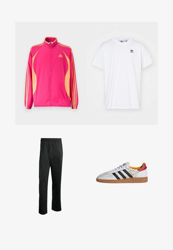 Lyserød Adidas træningsjakke med ferskenfarvede sidepaneler, ferskenfarvede striber på ærmerne, elastiske manchetter og lynlås foran.; Hvid bomulds T-shirt med korte ærmer, rund halsudskæring og et sort Adidas-logo med tre striber på venstre brystområde.; Sorte træningsbukser med en komfortabel elastisk livline, to sidelommer og et glat, let stof. Har diskrete logo detaljer.; Hvid Adidas Spezial sneaker med sorte striber, gummisål, quiltet mønster, rød hælflap og gul inderfor, set fra siden.
