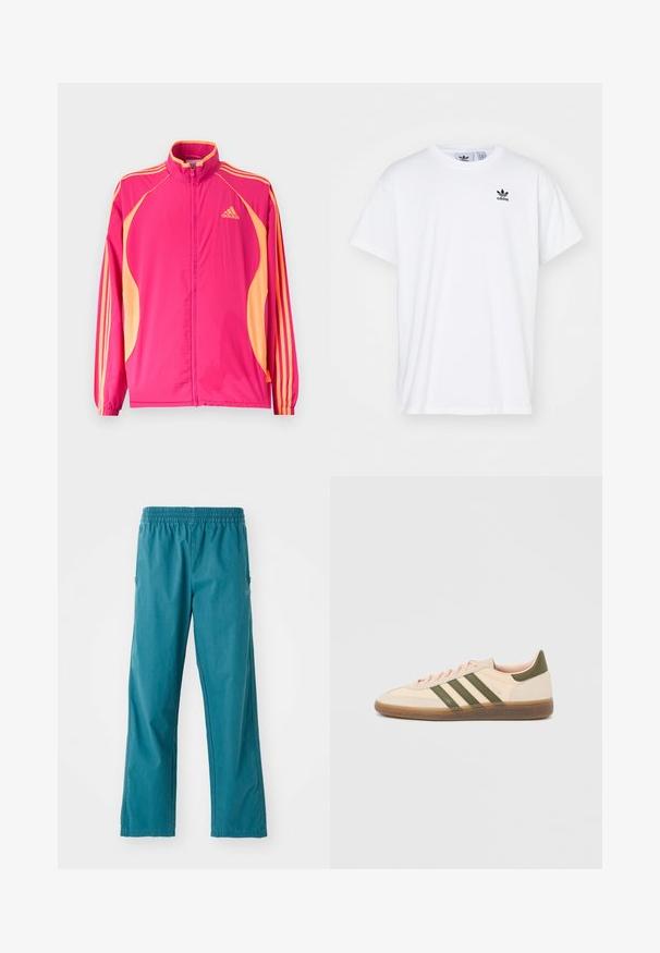 Chaqueta deportiva Adidas de color rosa brillante con paneles laterales melocotón, rayas melocotón en las mangas, puños elásticos y cierre frontal con cremallera.; Camiseta blanca de algodón con mangas cortas, escote redondo y un logo negro de Adidas con tres franjas en la zona del lado izquierdo del pecho.; Pantalones de color verde azulado hechos de un tejido ligero, con cinturilla elástica y un corte recto con bolsillos laterales.; Zapatilla Adidas Spezial beige de perfil bajo con rayas verdes, suela de goma y la marca "SPEZIAL" en el lateral, vista desde el lado exterior.