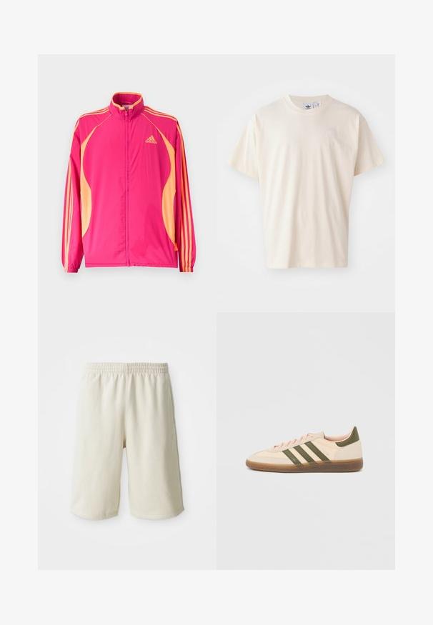 Leuchtend pinke Adidas-Trainingsjacke mit aprikosenfarbenen Seitenpartien, aprikosenfarbenen Streifen auf den Ärmeln, elastischen Bündchen und Reißverschluss vorne.; Cremfarbene Baumwoll-T-Shirt mit rundem Halsauschnitt und kurzen Ärmeln; verfügt über ein kleines, helles Logo auf der Brust.; Helle beige Sportshorts mit elastischem Bund, glatter Textur und dezentem Logodetail an der unteren linken Seite. Ohne Taschen.; Flacher, beigefarbener Adidas Spezial Sneaker mit grünen Streifen, Gummisohle und "SPEZIAL" Schriftzug an der Seite, von der Außenseite gezeigt.