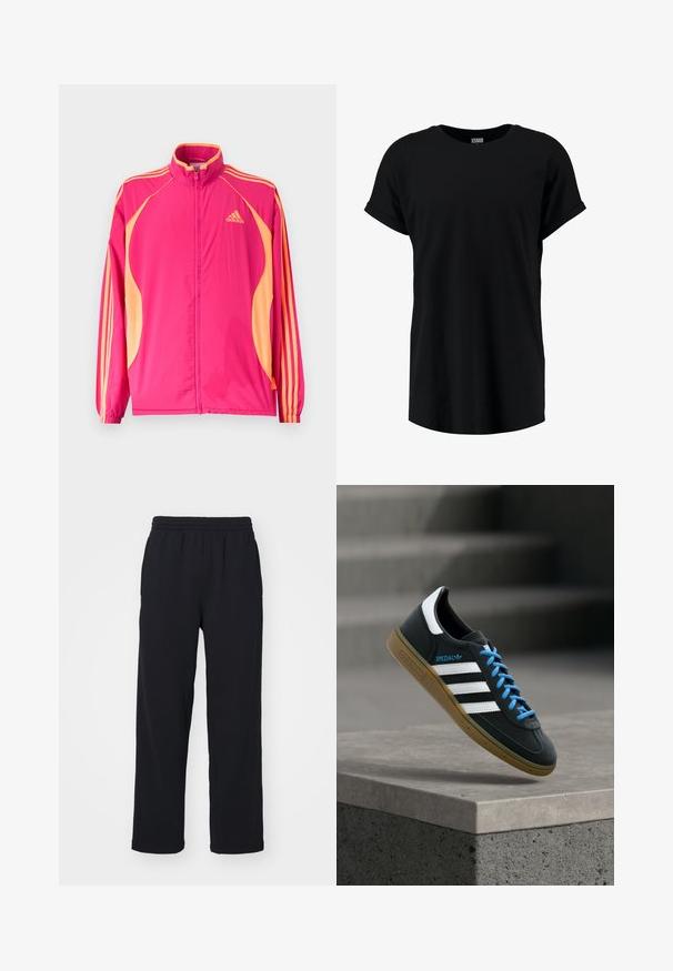 Lyserød Adidas træningsjakke med ferskenfarvede sidepaneler, ferskenfarvede striber på ærmerne, elastiske manchetter og lynlås foran.; Sort kortærmet t-shirt i en afslappet pasform. Fremstillet af blødt stof med rund halsudskæring og oprullede ærmer. Glat tekstur, uden mønstre.; Sorte sweatpants med elastisk talje, lige ben og stikninger. Fremstillet af blødt, tekstureret stof.; Sort Adidas sneaker med hvide striber, blå snørebånd og gummisål, der svæver over gråt betontrin i blødt lys.