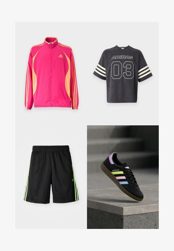 Heledast roosa Adidas jope vaarikavärviliste külgpaneelide, vaarikavärvi triipude varrukatel, elastsete mansettide ja ees tõmbeluku sulgumisega.; Tumehall triibuline lühikeste varrukatega T-särk, millel on valge "ADIDAS" logo ja suur "03" esiküljel ning kreemjas horisontaalne triip varrukatel.; Mustad mustad lühikesed püksid elastse vöökohaga, millel on iga külje peal kaks vertikaalset neoonrohelist triipu ja ees vasakul väike logo.; Must Adidas Spezial toss sinised, roosad ja kollased pastelltriipud, lavendlivärvilise kannaosaga ja pruun tallaga, hõljumas betoonserva kohal.