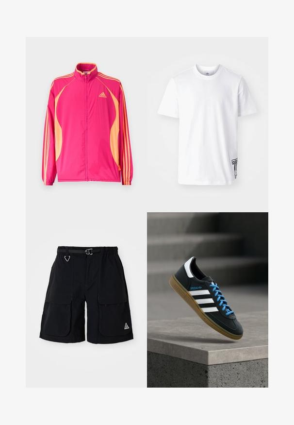 Leuchtend pinke Adidas-Trainingsjacke mit aprikosenfarbenen Seitenpartien, aprikosenfarbenen Streifen auf den Ärmeln, elastischen Bündchen und Reißverschluss vorne.; Weißes Baumwoll-T-Shirt mit kurzen Ärmeln, Rundhalsausschnitt und einem schwarzen Adidas-Logo-Patch auf der unteren linken Seite. Glatte Textur.; Schwarze Cargo-Shorts mit elastischem Bund, integriertem Gürtel, großen Seitentaschen und dreieckigem ACG-Logo am rechten Bein.; Schwarzer Adidas-Sneaker mit weißen Streifen, blauen Schnürsenkeln und Gummisohle, der über einer grauen Betontreppe im weichen Licht schwebt.