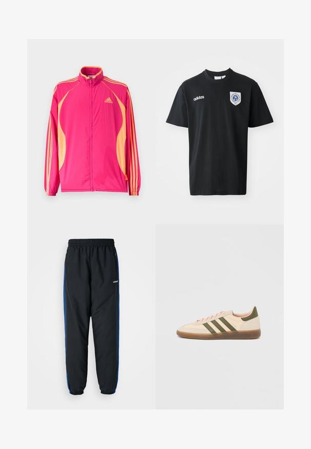 Lyserød Adidas træningsjakke med ferskenfarvede sidepaneler, ferskenfarvede striber på ærmerne, elastiske manchetter og lynlås foran.; Sort kortærmet t-shirt lavet af bomuld, med rund hals. Indeholder hvidt Adidas-logo og et mærke med et blåt emblem på venstre bryst.; Sorte atletiske bukser med elastisk talje, blå sideløb, lynlåslommer og tætsiddende benafslutninger for en stram pasform. Lavet af let materiale.; Beige Adidas Spezial sneaker med lav profil, grønne striber, gummisål og "SPEZIAL"-branding på siden, vist fra ydersiden.
