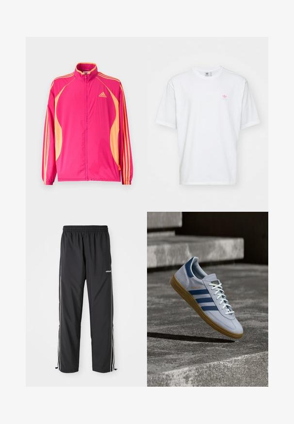 Lyserød Adidas træningsjakke med ferskenfarvede sidepaneler, ferskenfarvede striber på ærmerne, elastiske manchetter og lynlås foran.; Hvid bomulds t-shirt med rund halsudskæring og korte ærmer. Bemærkelsesværdige detaljer inkluderer et lille rosa og grønt logo på venstre bryst.; Sorte atletiske bukser lavet af letvægtsstof, med hvide sidelister, elastisk talje og justerbare ankelmanchetter.; Lyseblå Adidas Spezial sneakers med marineblå striber og gummisål, vist i luften over betontrapper i et neutralt udendørsmiljø.