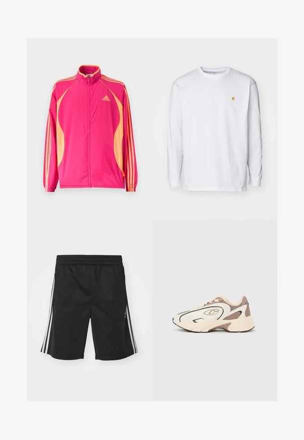 Kirkkaanpinkki Adidas-urheilutakki persikanvärisillä sivupaneeleilla, persikanvärisillä raidoilla hihoissa, joustavilla resoreilla ja etuvetoketjulla.; Valkoinen pitkähihaisen t-paita, joka on valmistettu puuvillasta. Siinä on pieni kultainen logo rinnassa ja pyöreä pääntie. Yksinkertainen muotoilu ja normaali istuvuus.; Mustat urheilushortsit, joissa on joustava vyötärö, valkoisilla sivunauhoilla ja sileällä kangasrakenteella. Ilman lisäkoristeita.; Urheilusneakerit, joissa on kerma- ja ruskeasävyinen värimaailma, mesh- ja synteettiset materiaalit, pyöreä kärki ja näkyvä logo sivussa.