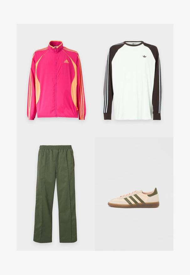 Φωτεινό ροζ αθλητικό μπουφάν Adidas με ροδακινί πλαϊνές λωρίδες, ροδακινί ρίγες στα μανίκια, ελαστικά μανσέτα και φερμουάρ στο μπροστινό μέρος.; Λευκό πουκάμισο με μακριά μανίκια και καφέ μανίκια raglan. Διαθέτει μπλε και λευκές ρίγες στα μανίκια και ένα μικρό λογότυπο στο στήθος.; Πράσινο, ελαφρύ παντελόνι με φαρδιά μπατζάκια, ελαστική μέση και πλαϊνές τσέπες. Λείο ύφασμα με άνετη, χαλαρή εφαρμογή, σχεδιασμένο για άνεση.; Χαμηλού προφίλ μπεζ αθλητικό παπούτσι Adidas Spezial με πράσινες ρίγες, σόλα από καουτσούκ και την επωνυμία "SPEZIAL" στην πλευρά, εμφανίζεται από την εξωτερική πλευρά.