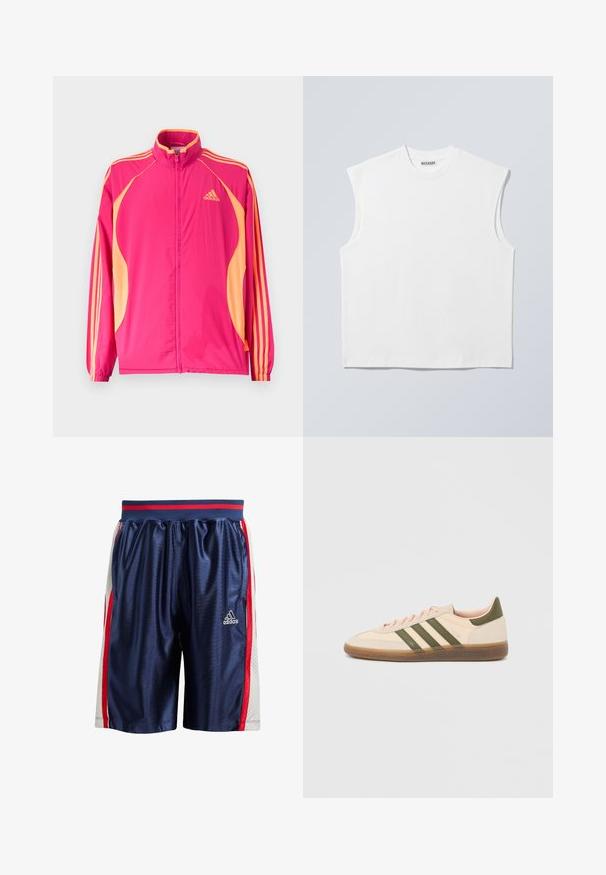 Φωτεινό ροζ αθλητικό μπουφάν Adidas με ροδακινί πλαϊνές λωρίδες, ροδακινί ρίγες στα μανίκια, ελαστικά μανσέτα και φερμουάρ στο μπροστινό μέρος.; Λευκό βαμβακερό τοπ χωρίς μανίκια με στρογγυλή λαιμόκοψη και δομημένους ώμους, με ετικέτα στον γιακά που φέρει τη μάρκα "WEEKDAY", απεικονίζεται σε ανοιχτό γκρι φόντο.; Μπλέ αθλητικά σορτς με γυαλιστερή επιφάνεια. Διαθέτουν κόκκινες και λευκές ρίγες στα πλάγια και αεριζόμενα πάνελ από πλέγμα. Ελαστική μέση με κόκκινες λεπτομέρειες.; Χαμηλού προφίλ μπεζ αθλητικό παπούτσι Adidas Spezial με πράσινες ρίγες, σόλα από καουτσούκ και την επωνυμία "SPEZIAL" στην πλευρά, εμφανίζεται από την εξωτερική πλευρά.
