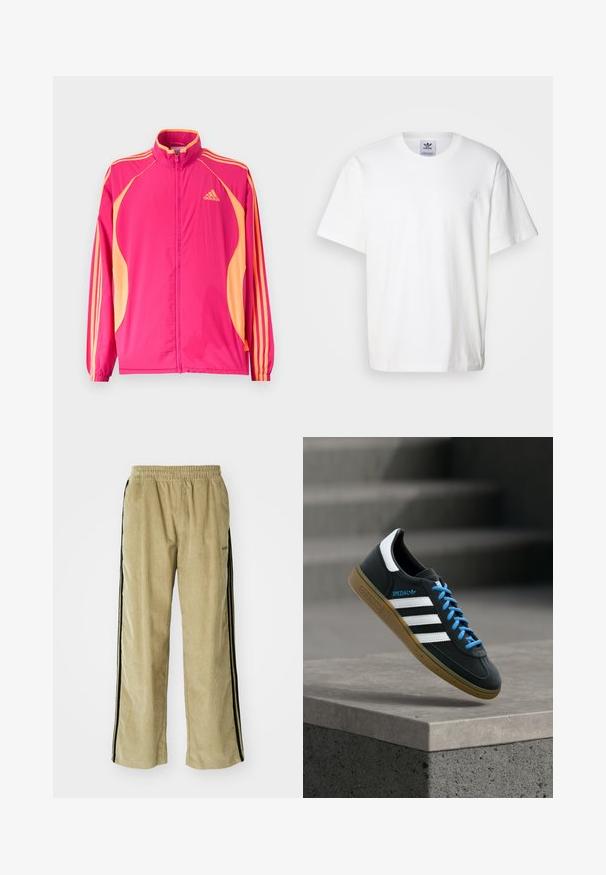 Chaqueta deportiva Adidas de color rosa brillante con paneles laterales melocotón, rayas melocotón en las mangas, puños elásticos y cierre frontal con cremallera.; Camiseta de algodón blanca con cuello redondo y mangas cortas. Presenta un pequeño logotipo bordado en el pecho. Diseño simple y clásico.; Pantalones de pana beige con cintura elástica, con franjas laterales negras. La tela tiene una textura acanalada y es ligeramente acampanada en el fondo.; Zapatilla negra Adidas con franjas blancas, cordones azules y suela de goma flotando sobre un escalón de hormigón gris con luz suave.