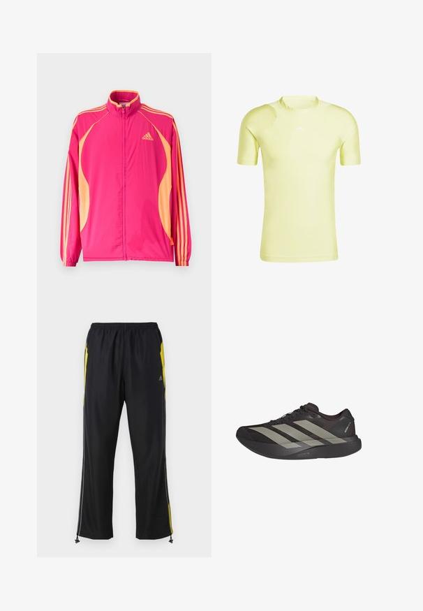 Φωτεινό ροζ αθλητικό μπουφάν Adidas με ροδακινί πλαϊνές λωρίδες, ροδακινί ρίγες στα μανίκια, ελαστικά μανσέτα και φερμουάρ στο μπροστινό μέρος.; Κίτρινη αθλητική μπλούζα με κοντά μανίκια και στρογγυλή λαιμόκοψη, κατασκευασμένη από απαλό ύφασμα, με διακριτικά πρόσθετα στη γραμμή των ώμων και λευκό λογότυπο.; Μαύρο αθλητικό παντελόνι με κίτρινες πλευρικές λεπτομέρειες, ελαστική μέση και τσέπες με φερμουάρ στο πλάι. Κατασκευασμένο από ελαφρύ, μαλακό ύφασμα.; Μαύρο αθλητικό παπούτσι με τρεις γκρίζες ρίγες, κομψό σχέδιο, υφή στην επάνω πλευρά και σόλα light strike pro.
