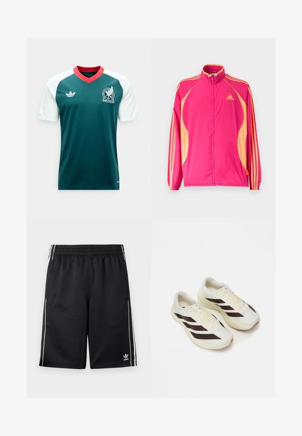 Φωτεινό ροζ αθλητικό μπουφάν Adidas με ροδακινί πλαϊνές λωρίδες, ροδακινί ρίγες στα μανίκια, ελαστικά μανσέτα και φερμουάρ στο μπροστινό μέρος.; Πράσινη φανέλα ποδοσφαίρου με λευκά μανίκια, κόκκινο V-λαιμόκοψη, λογότυπο Adidas στο αριστερό στήθος και έμβλημα της ομάδας του Μεξικού στο δεξί στήθος.; Μαύρο αθλητικό σορτς Adidas με λευκές ρίγες στα πλάγια, ελαστική μέση, πλαϊνές τσέπες και λογότυπο Adidas στο κάτω αριστερό πόδι.; Ανοιχτόχρωμα αθλητικά παπούτσια με σκούρες καφέ διαγωνίους ρίγες, υφασμάτινο επάνω μέρος με υφή και μαλακή σόλα. Διαθέτει κίτρινη σήμανση "ADIZERO".