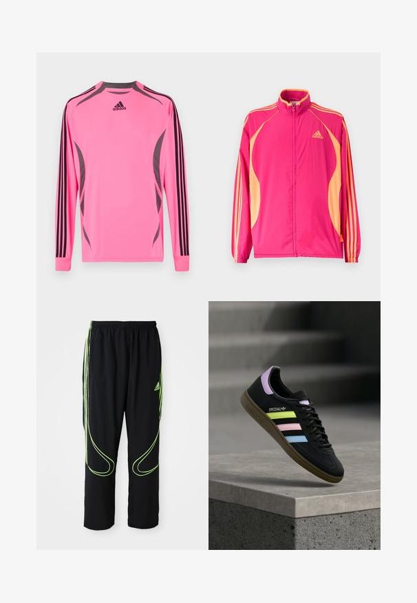 Φωτεινό ροζ αθλητικό μπουφάν Adidas με ροδακινί πλαϊνές λωρίδες, ροδακινί ρίγες στα μανίκια, ελαστικά μανσέτα και φερμουάρ στο μπροστινό μέρος.; Αθλητική φανέλα με μακριά μανίκια σε έντονο ροζ ύφασμα με γκρι λεπτομέρειες, που διαθέτει μαύρες τρεις ρίγες κατά μήκος των μανικιών και του ώμου.; Μαύρα αθλητικά παντελόνια Adidas με νεον πράσινες καμπύλες γραμμές και τρεις ρίγες στα πλάγια, ελαστική μέση και λογότυπο Adidas στο μπροστινό μπούστο.; Μαύρο αθλητικό παπούτσι Adidas Spezial με ριγέ σε παστέλ κίτρινο, ροζ και μπλε, με ταμπελάκι στη φτέρνα σε λεβάντα και καφέ σόλα, να αιωρείται πάνω από τσιμεντένιο χείλος.