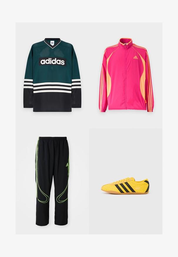 Φωτεινό ροζ αθλητικό μπουφάν Adidas με ροδακινί πλαϊνές λωρίδες, ροδακινί ρίγες στα μανίκια, ελαστικά μανσέτα και φερμουάρ στο μπροστινό μέρος.; Πράσινη και μαύρη φανέλα Adidas με V-λαιμόκοψη, μακριά μανίκια, υφή από δίχτυ και έντονο λευκό λογότυπο στο στήθος με ριγέ λεπτομέρειες.; Μαύρα αθλητικά παντελόνια Adidas με νεον πράσινες καμπύλες γραμμές και τρεις ρίγες στα πλάγια, ελαστική μέση και λογότυπο Adidas στο μπροστινό μπούστο.; Κίτρινο αθλητικό παπούτσι με υφή στο επάνω μέρος, με μαύρες ρίγες και λογότυπο. Στρογγυλεμένη μύτη, μαλακή σόλα και ζιγκ-ζαγκ σχέδιο στο υλικό.