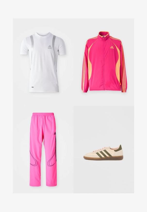 Heldere roze Adidas trainingsjack met perzikkleurige zijpanelen, perzikkleurige strepen op de mouwen, elastische manchetten en een ritssluiting aan de voorkant.; Wit sportshirt met korte mouwen en zilveren accenten, met een ronde hals en een Adidas-logo op de borst. Gemaakt van vochtafvoerend materiaal.; Roze sportbroek met een elastische tailleband, zijzakken en contrasterende zwarte gebogen patronen met een Adidas-logo.; Beige Adidas Spezial sneaker met een laag profiel, groene strepen, een gumkleurige zool en "SPEZIAL" branding aan de zijkant, gezien vanaf de buitenzijde.
