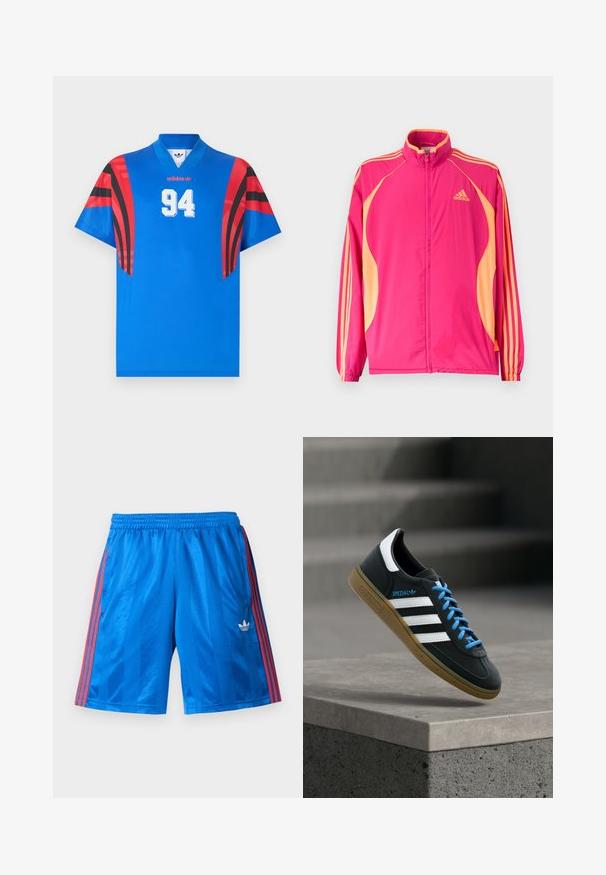Φωτεινό ροζ αθλητικό μπουφάν Adidas με ροδακινί πλαϊνές λωρίδες, ροδακινί ρίγες στα μανίκια, ελαστικά μανσέτα και φερμουάρ στο μπροστινό μέρος.; Μπλε αθλητική φανέλα Adidas με κόκκινα και μαύρα γεωμετρικά σχέδια στα μανίκια, λευκός αριθμός 94 κεντραρισμένος κάτω από το μικρό κόκκινο λογότυπο Adidas.; Μπλε αθλητικό σορτς με κόκκινες ρίγες στα πλάγια και λευκό λογότυπο Adidas στο αριστερό πόδι, με ελαστική μέση.; Μαύρο αθλητικό παπούτσι Adidas με λευκές ρίγες, μπλε κορδόνια και καουτσούκ σόλα να αιωρείται πάνω από γκρίζο τσιμεντένιο σκαλοπάτι σε απαλό φως.