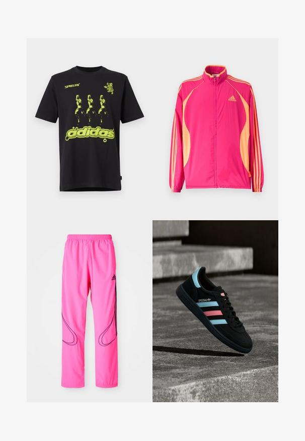 Φωτεινό ροζ αθλητικό μπουφάν Adidas με ροδακινί πλαϊνές λωρίδες, ροδακινί ρίγες στα μανίκια, ελαστικά μανσέτα και φερμουάρ στο μπροστινό μέρος.; Μαύρο βαμβακερό μπλουζάκι με φωτεινό πράσινο σχέδιο που απεικονίζει τρεις φιγούρες και το κείμενο "adidas" στο κάτω μέρος. Στυλ με στρογγυλή λαιμόκοψη.; Ροζ αθλητικά παντελόνια με ελαστική μέση, πλαινά τσέπες και αντίθετα μαύρα καμπυλωτά σχέδια με λογότυπο Adidas.; Μαύρο αθλητικό παπούτσι Adidas Spezial με μπλε και ροζ ρίγες, να αιωρείται πάνω από υφή γκρι σκυροδέματος με σκιά από κάτω.