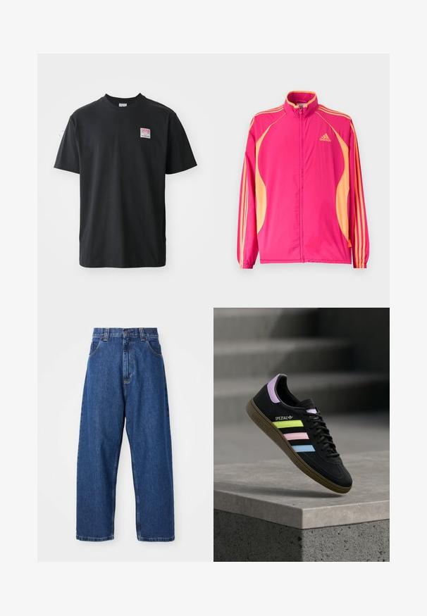 Heldere roze Adidas trainingsjack met perzikkleurige zijpanelen, perzikkleurige strepen op de mouwen, elastische manchetten en een ritssluiting aan de voorkant.; Zwarte katoenen t-shirt met ronde hals, korte mouwen en een klein gekleurd label op de linkerkant van de borst met het woord "SUPERIOR."; Denim wijde broek in donkerblauw. Kenmerken zijn een hoge taille, riemlussen en een klassiek vijf-pocket ontwerp. Gestikte zoom met een schone afwerking.; Zwarte Adidas Spezial sneaker met pastelgele, roze en blauwe strepen, lavendelkleurig hielhaakje en bruine zool, zwevend boven een betonnen richel.