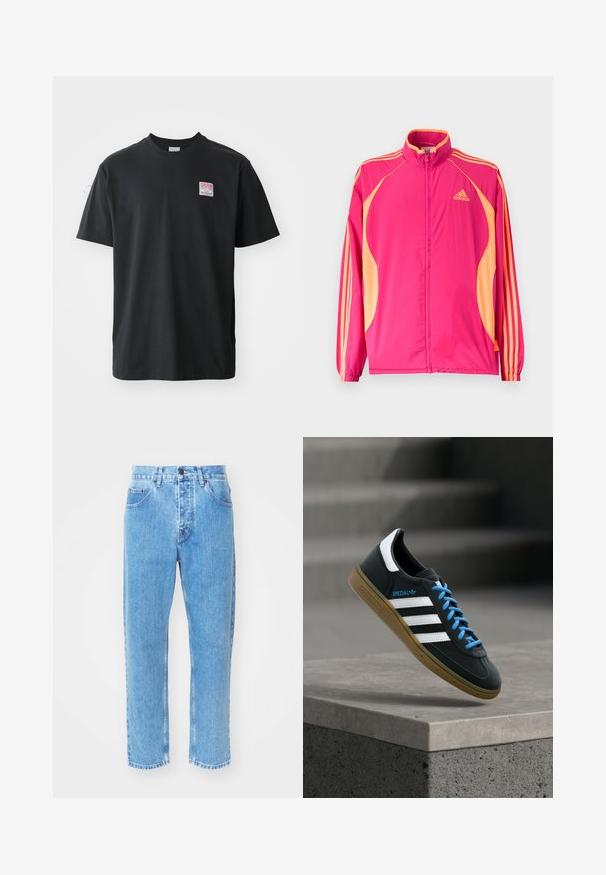 Lyserød Adidas træningsjakke med ferskenfarvede sidepaneler, ferskenfarvede striber på ærmerne, elastiske manchetter og lynlås foran.; Sort bomuld t-shirt med rund hals, korte ærmer og et lille farvet mærke på venstre bryst med ordet "SUPERIOR."; Lyseblå denimjeans har en lige ben-design, fem lommer og en klassisk knaplukning i taljen.; Sort Adidas sneaker med hvide striber, blå snørebånd og gummisål, der svæver over gråt betontrin i blødt lys.