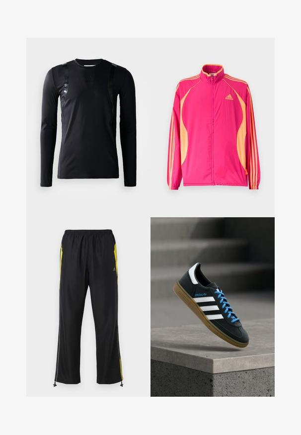 Lyserød Adidas træningsjakke med ferskenfarvede sidepaneler, ferskenfarvede striber på ærmerne, elastiske manchetter og lynlås foran.; Sort langærmet træningsskjorte lavet af glat, strækbart stof. Har glansfulde sorte detaljer på skuldrene og et Adidas-logo på brystet.; Sorte træningsbukser med gule sideaccenter, elastisk talje og lynlåslommer på siden. Fremstillet af let og glat stof.; Sort Adidas sneaker med hvide striber, blå snørebånd og gummisål, der svæver over gråt betontrin i blødt lys.
