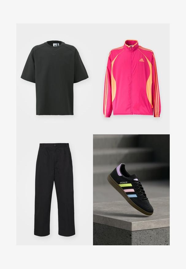 Lyserød Adidas træningsjakke med ferskenfarvede sidepaneler, ferskenfarvede striber på ærmerne, elastiske manchetter og lynlås foran.; Sort kortærmet t-shirt lavet af glat stof. Har en rund halsudskæring, præget logo på brystet og mesh-detaljer på ærmerne.; Sorte bomuldsbukser med lige pasform, der har en knaplukning, to frontlommer og en glat tekstur.; Sort Adidas Spezial sneaker med pastelgule, pink og blå striber, lavendel hælstrop og brun sål, svævende over betonforkant.