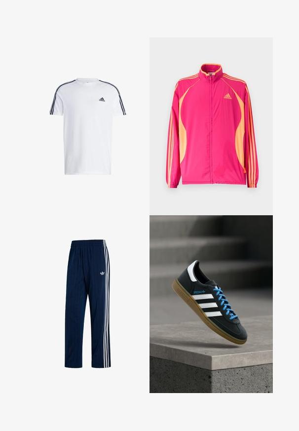 Chaqueta deportiva Adidas de color rosa brillante con paneles laterales melocotón, rayas melocotón en las mangas, puños elásticos y cierre frontal con cremallera.; Camiseta blanca de manga corta hecha de algodón con el logo negro de adidas en el pecho y tres franjas negras a lo largo de los hombros.; Pantalones deportivos Adidas azul marino con tres bandas blancas en los laterales y cintura elástica, con el logo trefoil blanco en el muslo izquierdo.; Zapatilla negra Adidas con franjas blancas, cordones azules y suela de goma flotando sobre un escalón de hormigón gris con luz suave.