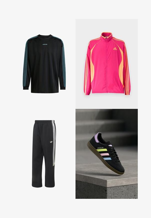 Lyserød Adidas træningsjakke med ferskenfarvede sidepaneler, ferskenfarvede striber på ærmerne, elastiske manchetter og lynlås foran.; Sort langærmet skjorte med ribbet krave, der har tre turkise striber på hver ærme og et Adidas-logo på brystet.; Sorte Adidas træningsbukser med hvide tre striber på siderne og et lille hvidt Adidas-logo på det øverste venstre lår.; Sort Adidas Spezial sneaker med pastelgule, pink og blå striber, lavendel hælstrop og brun sål, svævende over betonforkant.