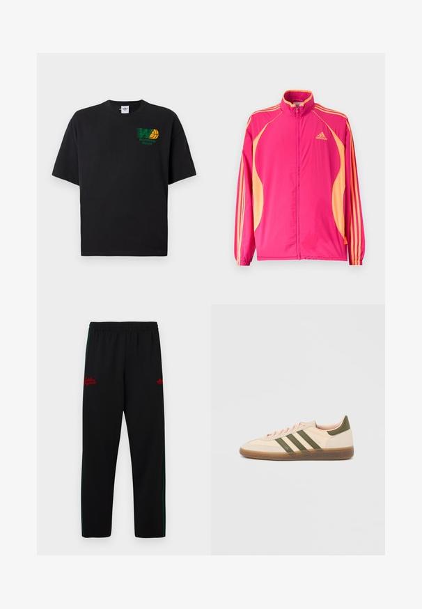 Chaqueta deportiva Adidas de color rosa brillante con paneles laterales melocotón, rayas melocotón en las mangas, puños elásticos y cierre frontal con cremallera.; Camiseta de algodón negra con mangas cortas. Presenta un gráfico verde y amarillo de "Worldwide Hoops" en la parte frontal. Corte holgado, cuello redondeado.; Pantalones deportivos negros con cintura elástica, franjas verdes a los lados y logotipo bordado en rojo en ambos lados. Material liso y ligero.; Zapatilla Adidas Spezial beige de perfil bajo con rayas verdes, suela de goma y la marca "SPEZIAL" en el lateral, vista desde el lado exterior.