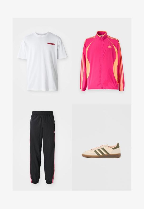 Chaqueta deportiva Adidas de color rosa brillante con paneles laterales melocotón, rayas melocotón en las mangas, puños elásticos y cierre frontal con cremallera.; Camiseta de algodón blanca con cuello redondo, mangas cortas y un pequeño detalle gráfico rojo en el área del pecho izquierdo.; Pantalones tipo chándal negros con rayas laterales rosas, cinturilla elástica y puños ajustados. Presenta un acabado sutil en la parte izquierda de la pierna. Textura suave.; Zapatilla Adidas Spezial beige de perfil bajo con rayas verdes, suela de goma y la marca "SPEZIAL" en el lateral, vista desde el lado exterior.