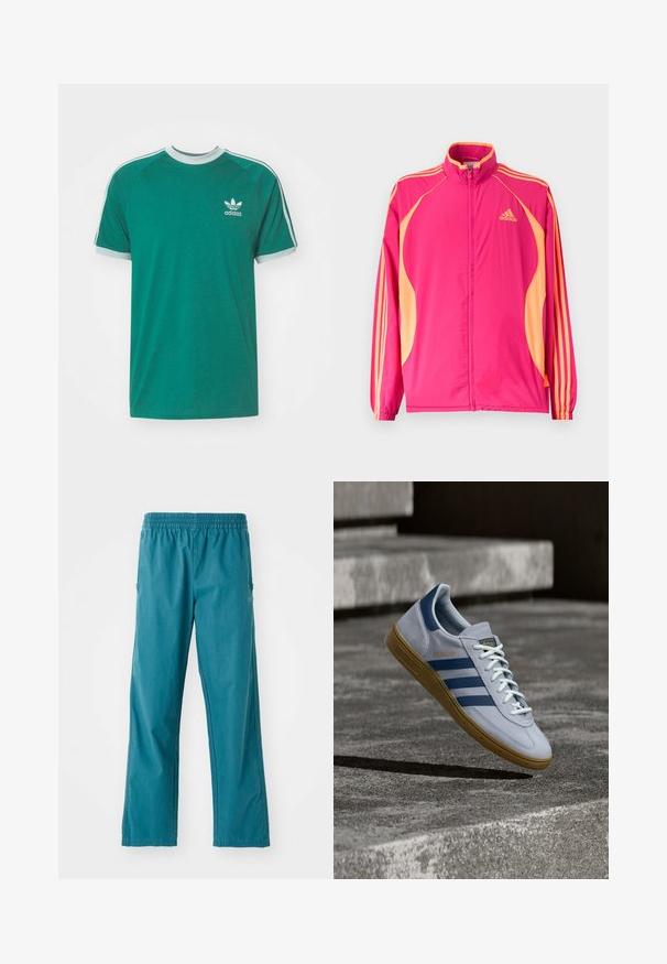 Heledast roosa Adidas jope vaarikavärviliste külgpaneelide, vaarikavärvi triipude varrukatel, elastsete mansettide ja ees tõmbeluku sulgumisega.; Roheline puuvillane T-särk ümmarguse kaelusega, kontrastse helesinise äärega ja Adidas'i logo vasakul rinnal. Lühikesed raglansleeved.; Teal värvi kerged püksid, millel on elastne vöökoht ja sirge lõige koos küljetaskutega.; Helehall Adidas Spezial toss tumedasiniste triipude ja kummipõhjaga, kujutatud õhus betooniastmete kohal neutraalses välistingimustes.
