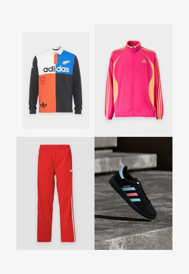 Lyserød Adidas træningsjakke med ferskenfarvede sidepaneler, ferskenfarvede striber på ærmerne, elastiske manchetter og lynlås foran.; Farvet opdelt langærmet polo shirt i sort, hvid, orange og blå, med krave, knaplukning og fremtrædende Adidas branding.; Røde træningsbukser lavet af letvægtsstof med elastisk linning og hvide striber ned langs siderne. Har et lille logo nær hoften.; Sort Adidas Spezial sneaker med blå og pink striber, svævende over en tekstureret grå betonoverflade med skygge nedenunder.