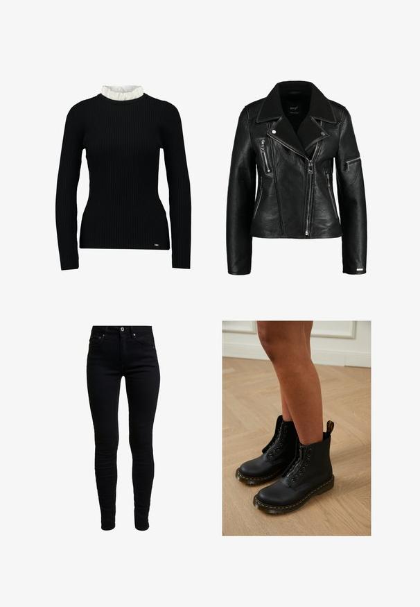 Maze SONARA - Veste en cuir - black; Haut noir à manches longues côtelé avec un col en dentelle blanc, affichant une silhouette ajustée et une texture douce. Logo subtil à l'ourlet.; Jeans skinny en denim noir avec taille haute, dotés de poches avant, d'une petite poche à monnaie et d'une fermeture à bouton en métal. Tissu doux et extensible.; Bottines en cuir noir avec fermeture éclair et design à lacets, arborant des coutures jaunes et une semelle épaisse et texturée.