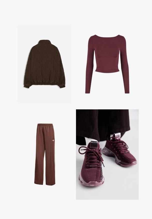Veste matelassée marron foncé avec poignets et ourlet élastiques, col montant et motif matelassé en losange subtil dans le dos.; Haut court à manches longues bordeaux en matière extensible avec un décolleté large, une texture lisse et une silhouette ajustée.; Pantalon de sport marron avec une coupe décontractée. Fabriqué en tissu lisse, présentant des poches latérales, des bandes blanches et un petit logo blanc sur la cuisse.; Baskets bordeaux avec tige en mesh, détails texturés, lacets ronds et semelle en caoutchouc transparent ; présente un logo sur la langue et le talon.