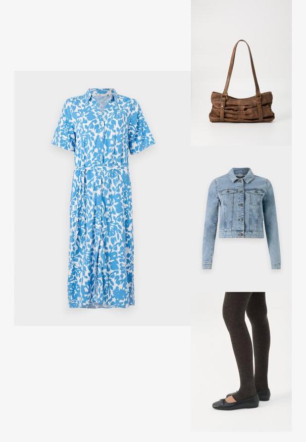Lichtblauwe denimjas met lange mouwen, klassieke kraag, twee borstzakken en knopen aan de voorkant. Beschikt over gestikte accenten en een cropped ontwerp.; Korte mouw shirtjurk in een blauw-witte bloemenpatroon, met knoopsluiting, kraag, tailleband en een lengte tot de knie. Zachte stoftextuur.; Benen met donkere geribbelde leggings gecombineerd met zwarte ballerina's met kleine strikdetails op een witte achtergrond.; Even&Odd Handtas - brown