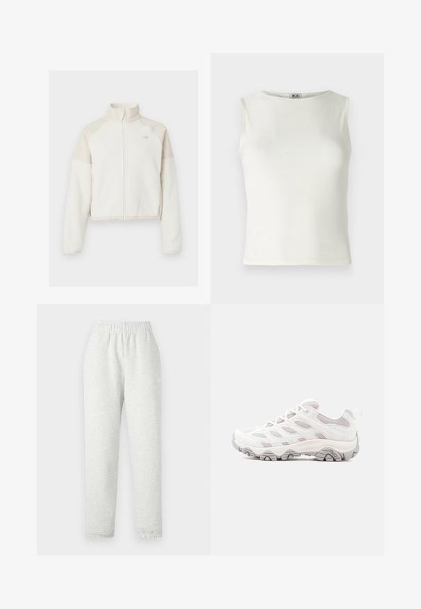 Strihaná fleecová bunda v off-white farbe s svetlo béžovými akcentmi, plný zips, vysoký golier a vyšívané logo na hrudi. Mäkká textúra.; Biely top bez rukávov vyrobený z hladkej tkaniny, s okrúhlym výstrihom a čistými okrajmi, ktorý má priliehavý strih. Viditeľná značka.; Svetlo šedé tepláky s elastickým pásom, zúženými nohavicami a rebrovanými manžetami. Vyrobené z mäkkej, štruktúrovanej tkaniny. Biele logo na boku.; Svetlosivá turistická obuv s textúrovaným zvrškom, sieťovinovými panelmi a gumovou podrážkou. Má výrazný systém šnurovania a na boku je značka Merrell.