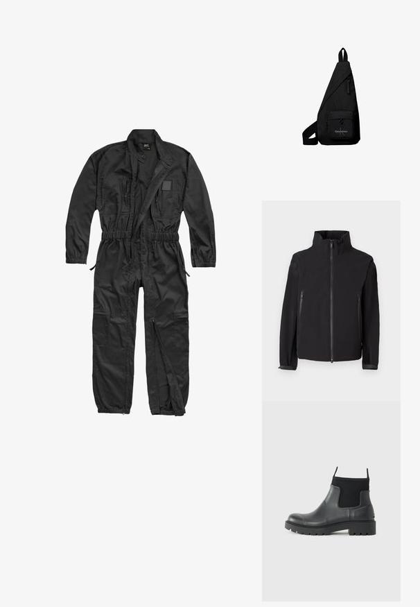 Zwarte zip-up jack met een hoge kraag, voorzien van twee ritszakken aan de zijkant, gemaakt van een soepele, lichte stof met een minimalistisch ontwerp.; Brandit BRANDIT HERREN EINSATZKOMBI - Jumpsuit - black; Zwarte enkelboots van rubber met een matte afwerking, voorzien van een slank ontwerp, elastische panelen en een chunky zool voor grip.; Zwarte driehoekige crossbodytas met voorvak met rits met Calvin Klein-logo en verstelbare band.